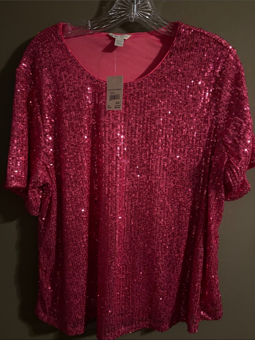 Cato Sparkle Collection Women's Sequin Scoop Neck Top - Hot Pink nwt 14/16
